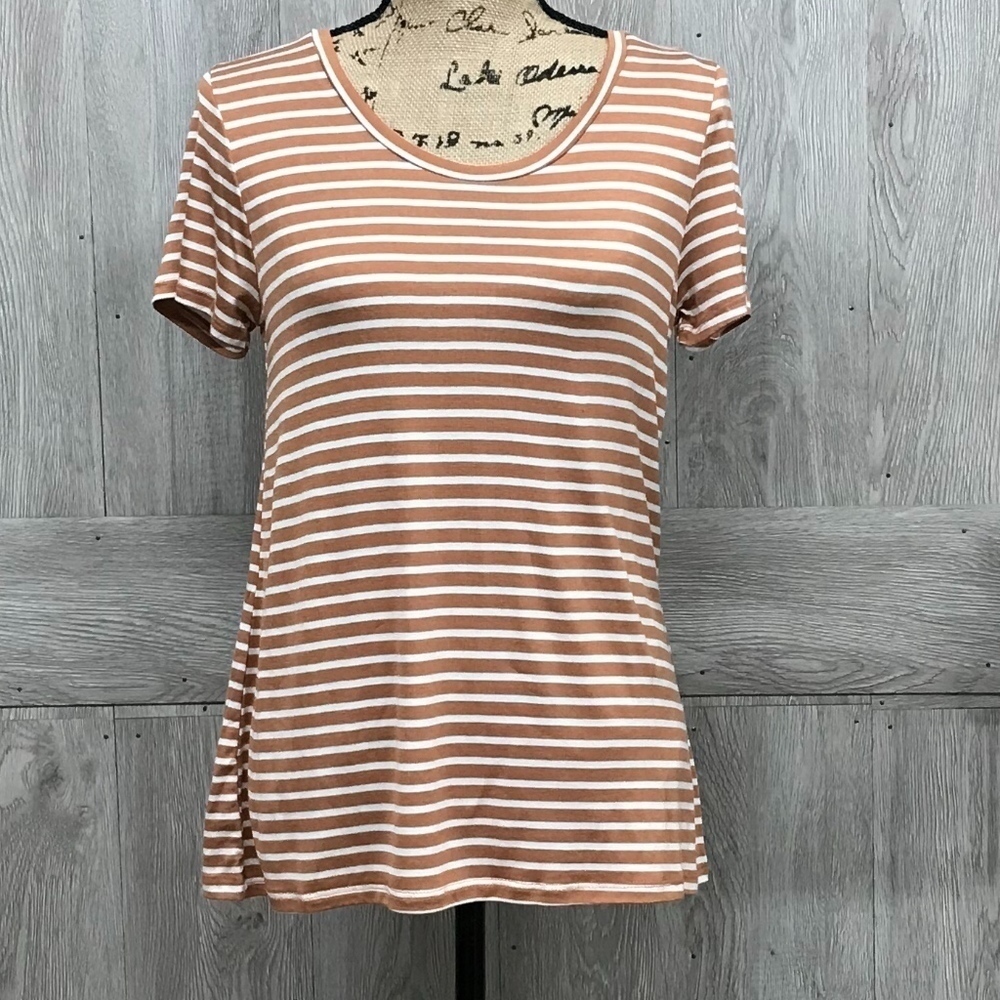 Round Neck Short Sleeve Orange Striped Tee BB785